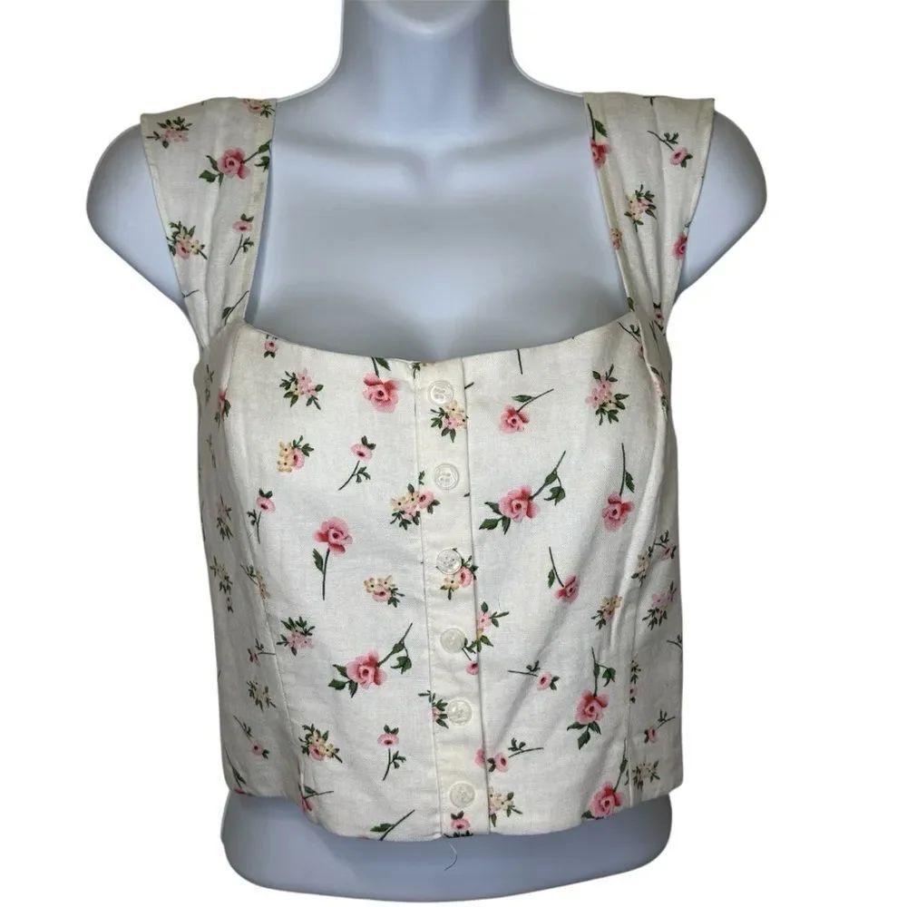 Joie Cropped Floral Tank Top With Button Detail Cream Pink Green Large